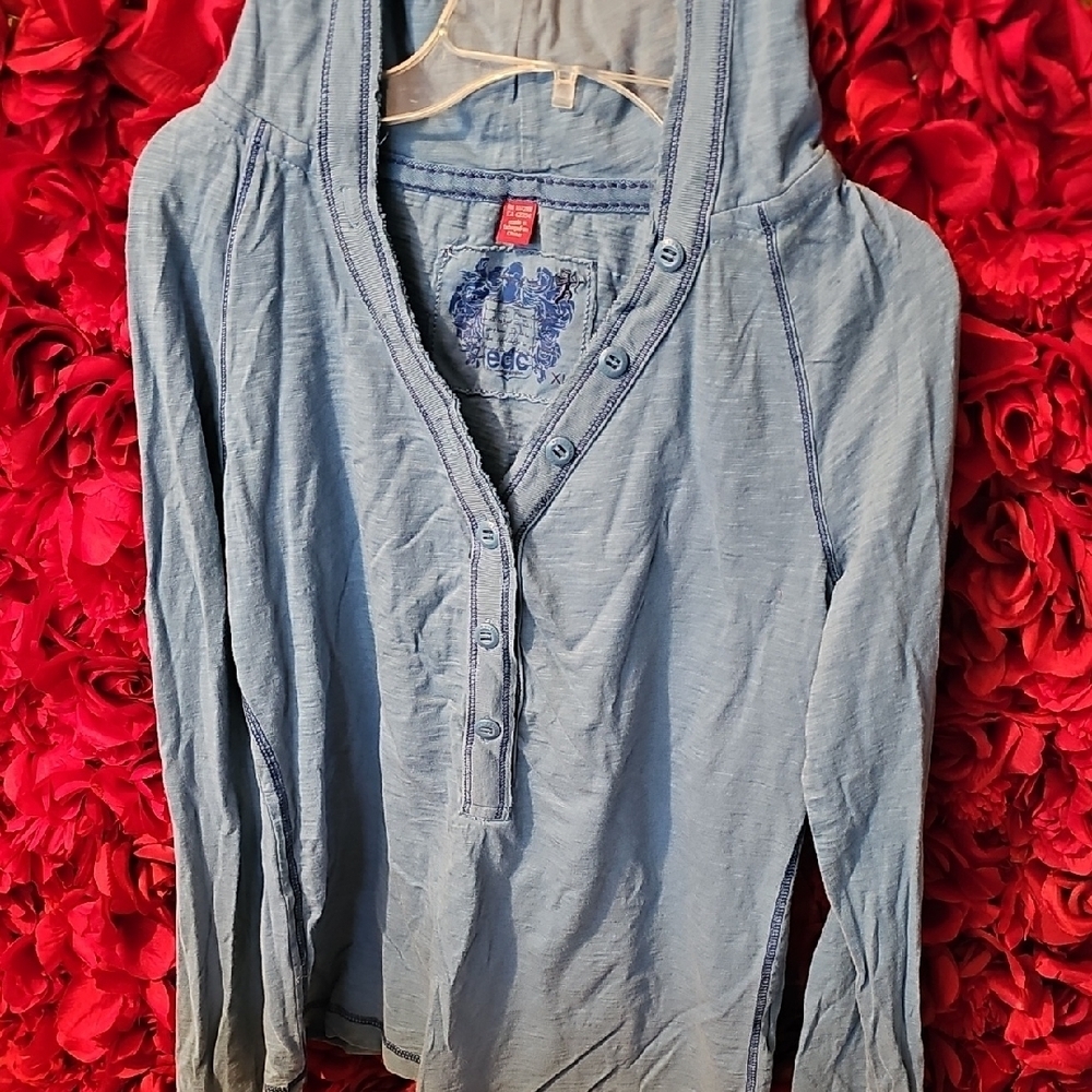 EDC Women's Blue Hooded Top with Button Detail Size XLarge